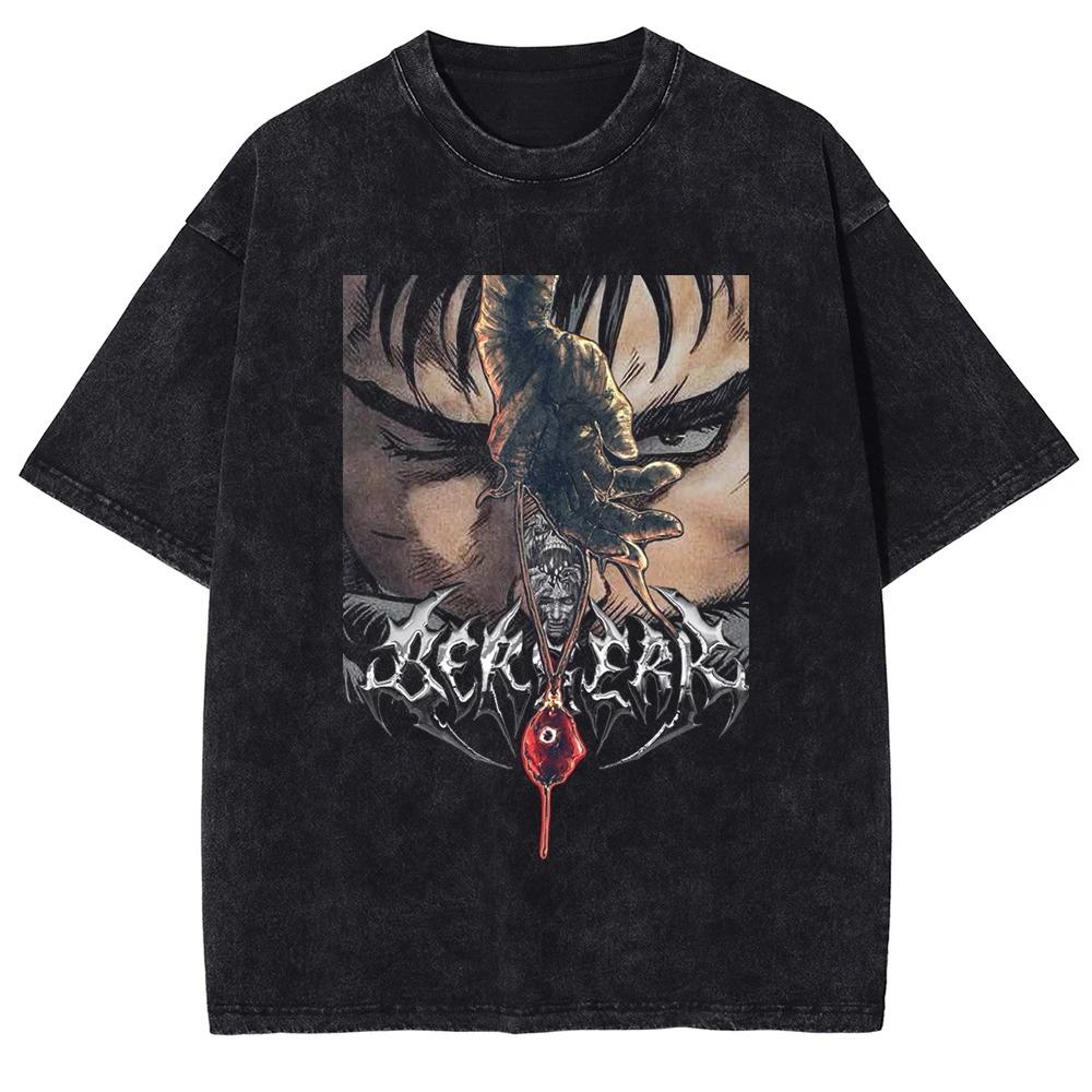 Berserk Brand of Sacrifice & Katana Vintage Washed Double-Sided Anime T-Shirt, Unisex Dark Fantasy Manga Fan Streetwear Tee, 100% Cotton Casual Short