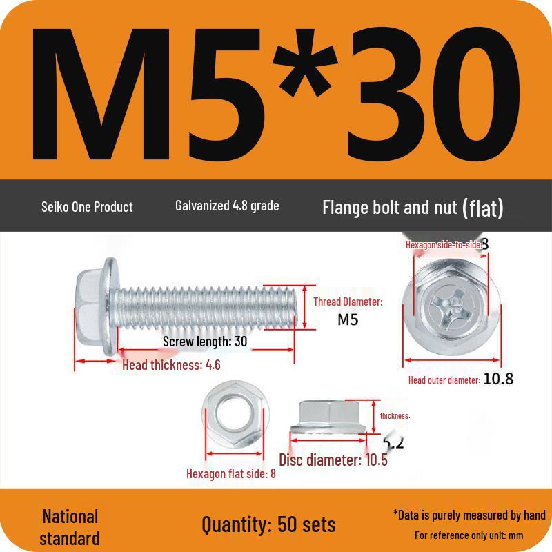 4.8 Grade Galvanized Hex Bolt Set with Anti-slip Washer & Nut, Cross Flange Head, M4/M5/M6/M8mm