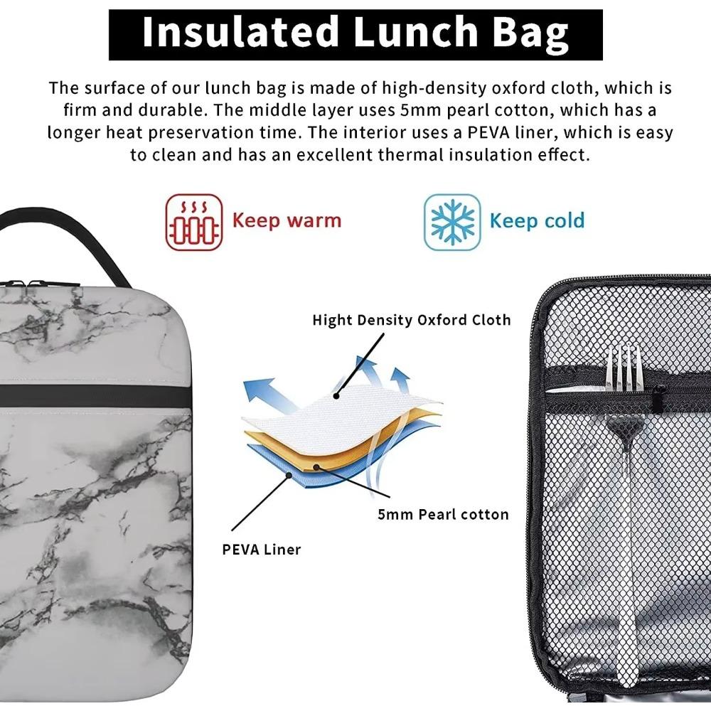 Lunch Box Insulated Lunch Bag for Women Men White Marble Black Texture Reusable Cooler Tote Bags for Work Picnic Outdoor