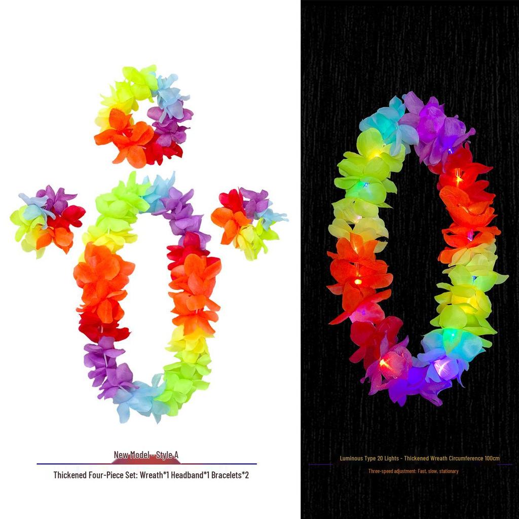 Hawaiian Luminous Flower Garland & Hula Skirt Set - Summer Costume Accessories for Annual Stage Events
