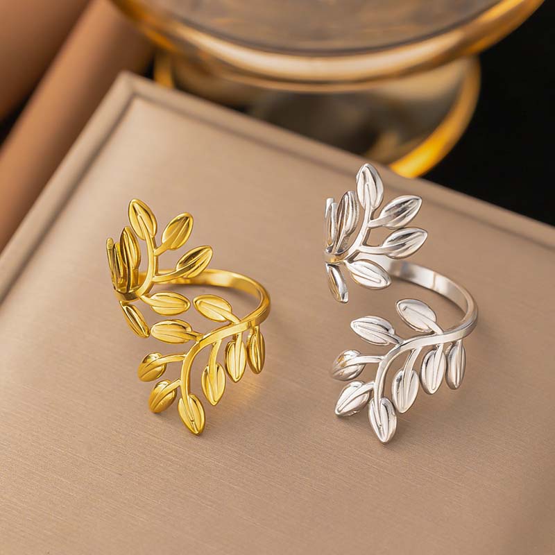 Stainless Steel Gold Color Leaves Open Rings for Women Men Minimalist Metal Irregular Adjustable Finger Rings Jewelry Gift