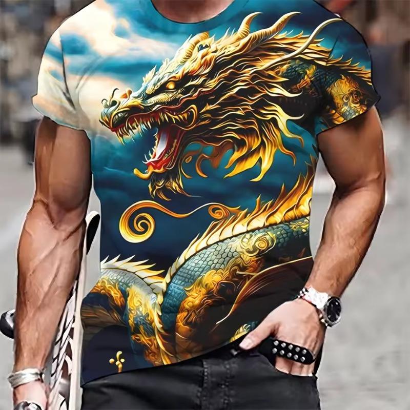3D Digital Animation Style Roaring Dragon Pattern Round Neck Short Sleeve T Shirt Fashion Cool Men's Summer Streetwear Tops