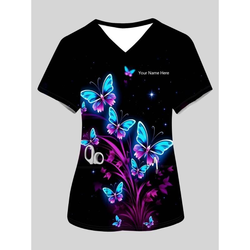Butterfly printed workwear, 3D printed workwear for women, comfortable and fashionable women s short sleeved T-shirt S