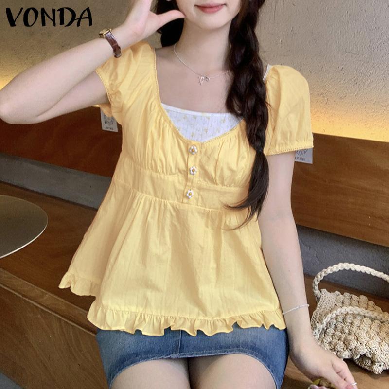 

VONDA Women Summer Puff Sleeve Crochet Hem Patchwork Ruffled Casual Blouse M жёлтый