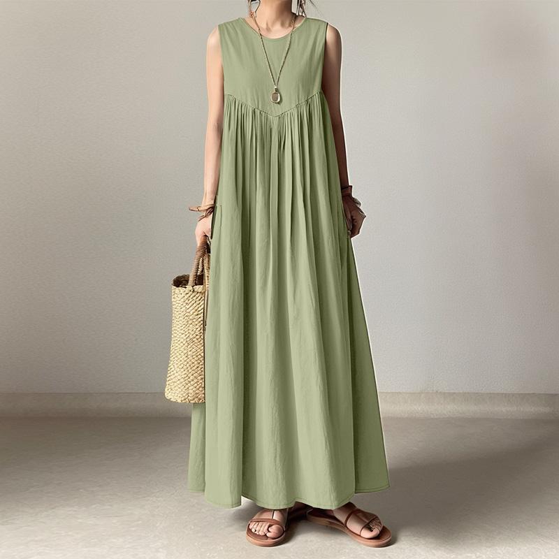 ZANZEA Women Casual Round Neck Solid Color Sleeveless Long Dress