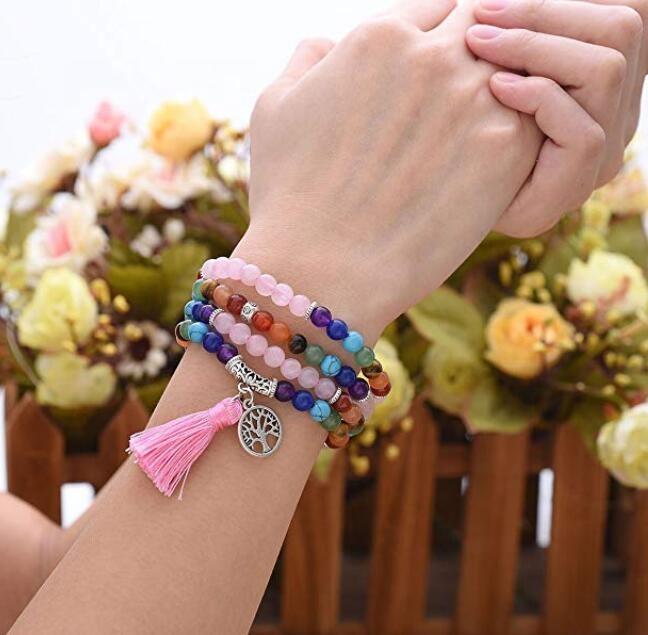 Natural Rose Quartz Prayer 6mm Beads 108 Mala Meditation Healing 7 Chakra Tree of Life Tassel Beaded Bracelets Necklace