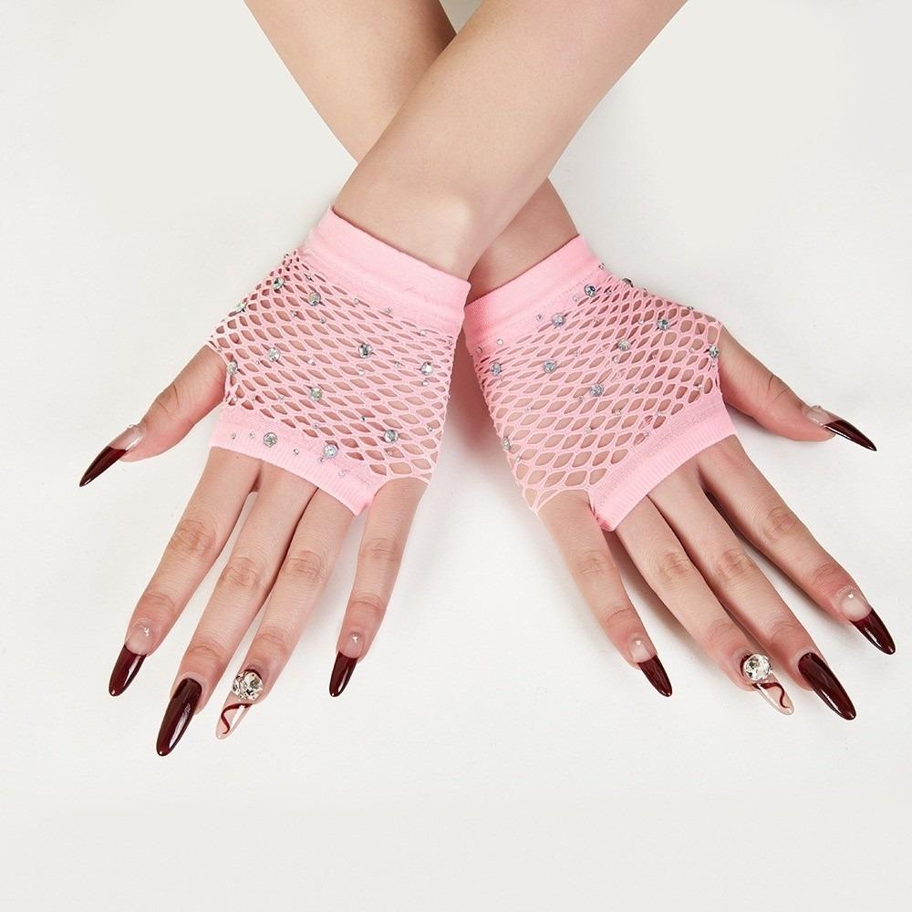 Fishnet Design Rhinestone Gloves Shiny Decor Short Gloves New Fingerless Gloves Dance Performance
