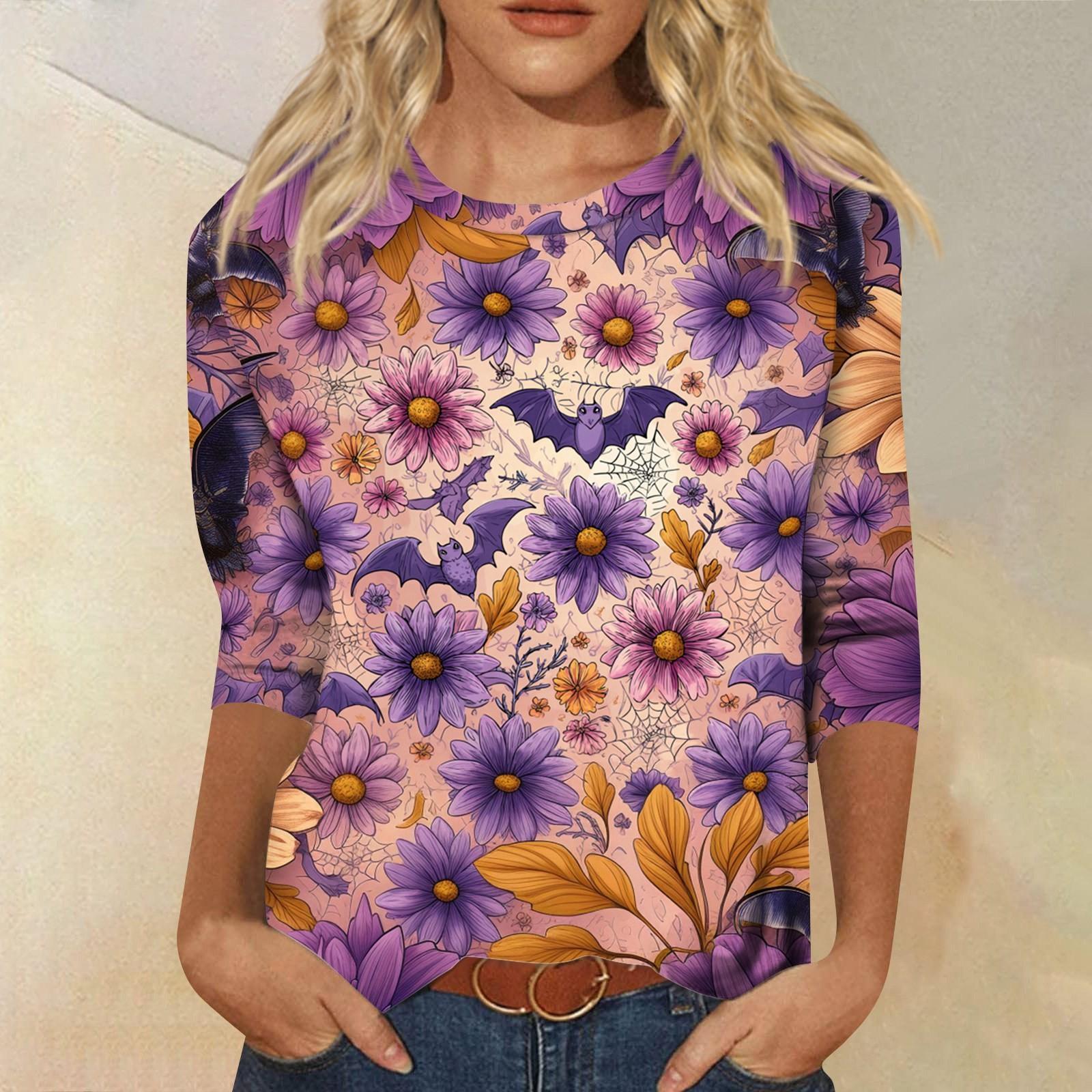 

Женские топы Рубашка с рукавом три четверти V-образный вырез Свободная повседневная рубашка Футболка с принтом S