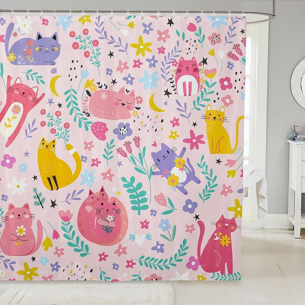 ManCute Frog Kids Shower Curtains,Lavender Flowers Butterfly Romantic Bathroom Curtains for Girls Boys Women,Cartoon Animals