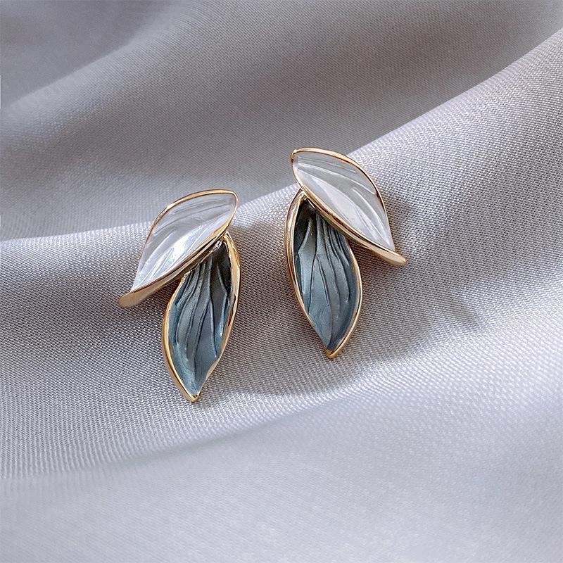 

925 Silver Plated Korean Blue & White Tree Leaf Earrings