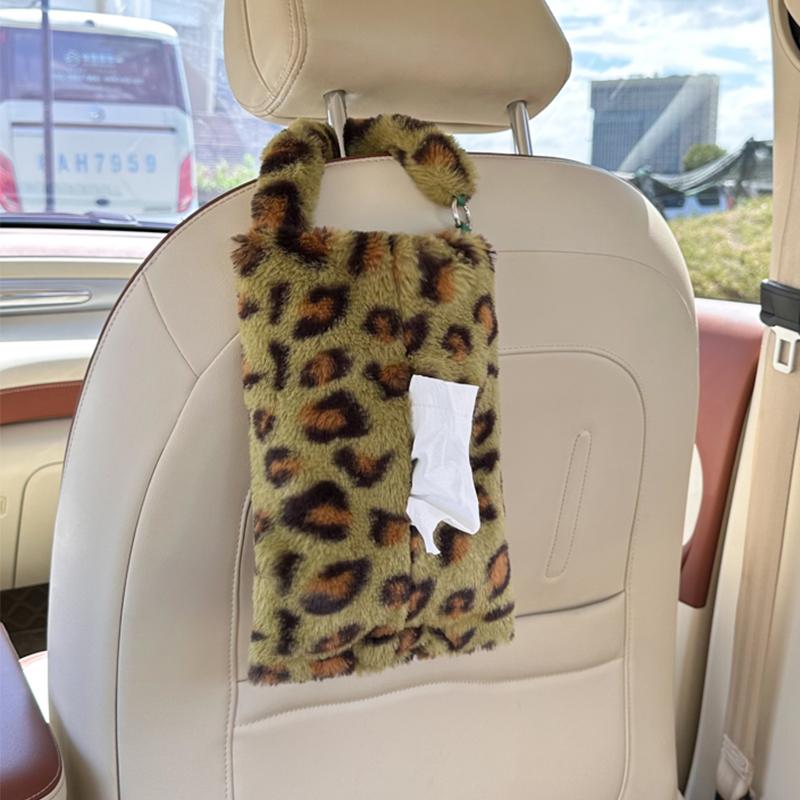Leopard print car tissue box plush hanging car seat tissue box cute car interior decoration tissue hanging bag