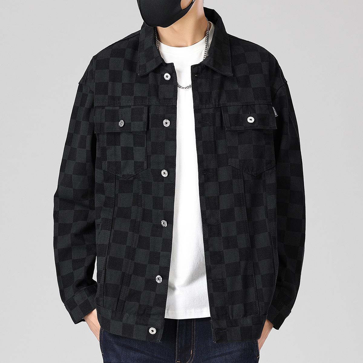 

Мужская свободная джинсовая куртка с плюшем, в клетку и сетку - Корейский стиль, Молодежная, с длинным рукавом для осени/зимы XL
