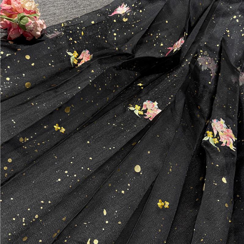Printing Silk Chiffon Fabric Koi Carp Embroidery Fabric Tulle Handmade DIY Chinese Ancient Hanfu Stage Dance Dress Wedding Decor