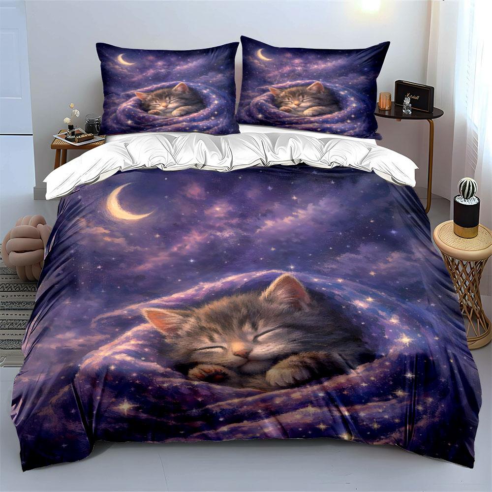 Kitten sleeping in starlit night Print Bedding Set 1 Duvet Cover 2 Pillowcases for Adult and Children Luxury Gift Full Size