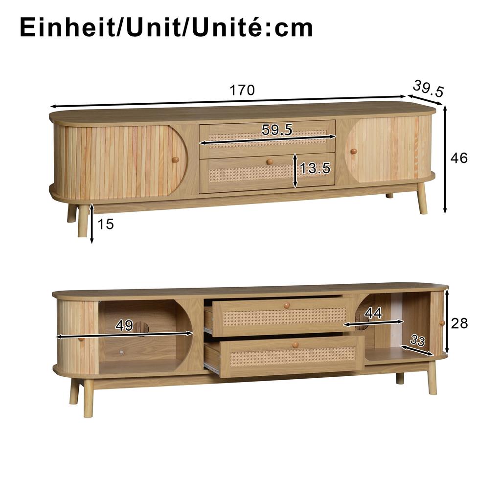TV Cabinet - Natural Wood Blend TV Cabinet with Doors and Drawers. TV Stand with Rattan Sides. Storage Solution, Natural Country Style