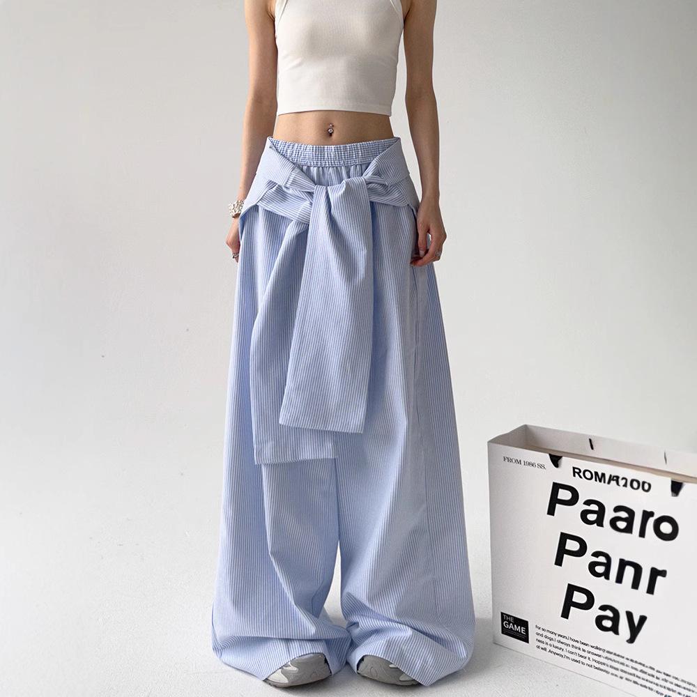 Fashionable Blue Striped High-Waisted Wide-Leg Pants with Lace-Up Waist, Perfect for Spring and Autumn, Available Now
