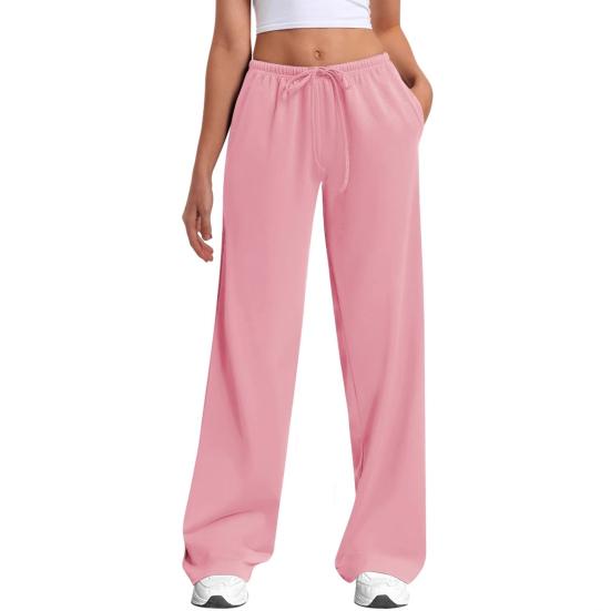 

Women Pants Elastic High Waist Wide Leg Casual Trousers with Adjustable Drawstring Pockets Pure Color Loose Fit Long Pants S розовый