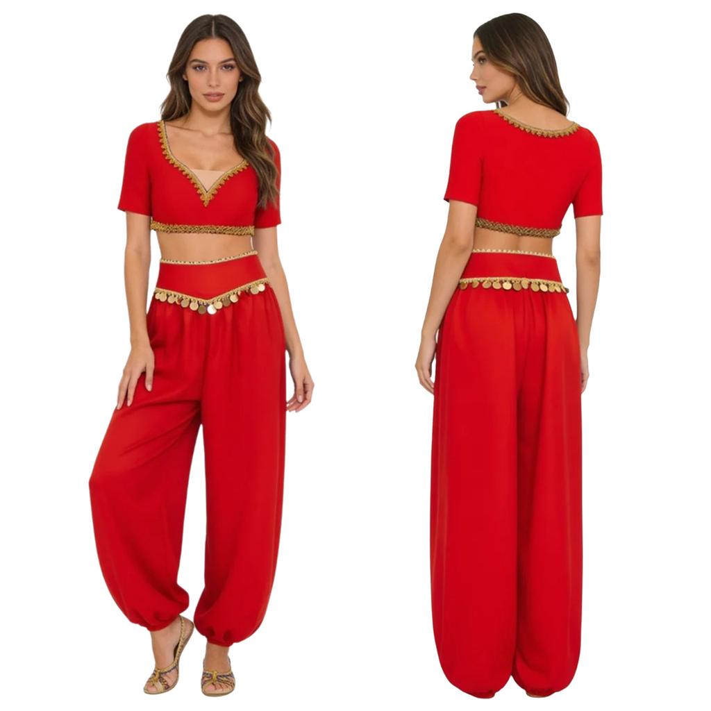 S-XXL Womens Belly Dance Outfit V Neck Short Sleeve Gold Trim Crop Top and Sequin Tassel Long Pants 2-piece Set for India Dance Folk Dance