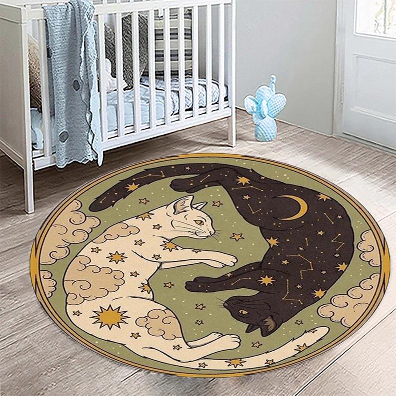 Yin Yang Cat Rug Celestial Moon Stars Black White Living Room Bedroom Home Decoration Carpet