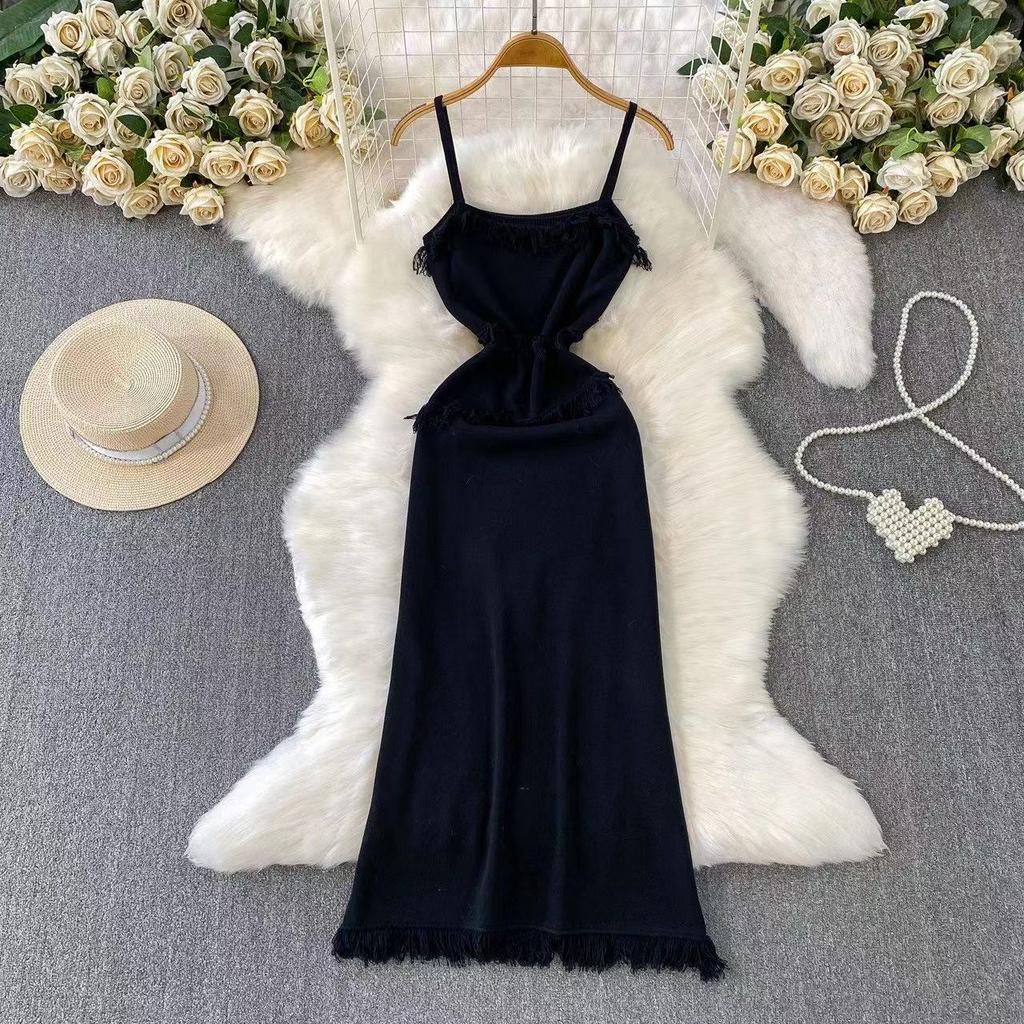 French-Style Solid Knitted Fringe Halter Dress for Women 2026 New Arrival Summer Collection Elegant and Gentle Pink Resort-Style Maxi Dress