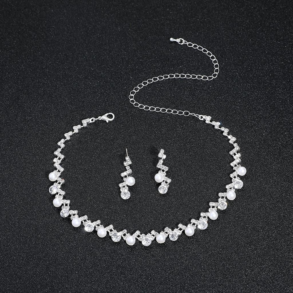 Modischer dreiteiliger Brautschmuck, elegantes Strass-Perlen-Ohrringe-Halsketten-Armband-Set 2