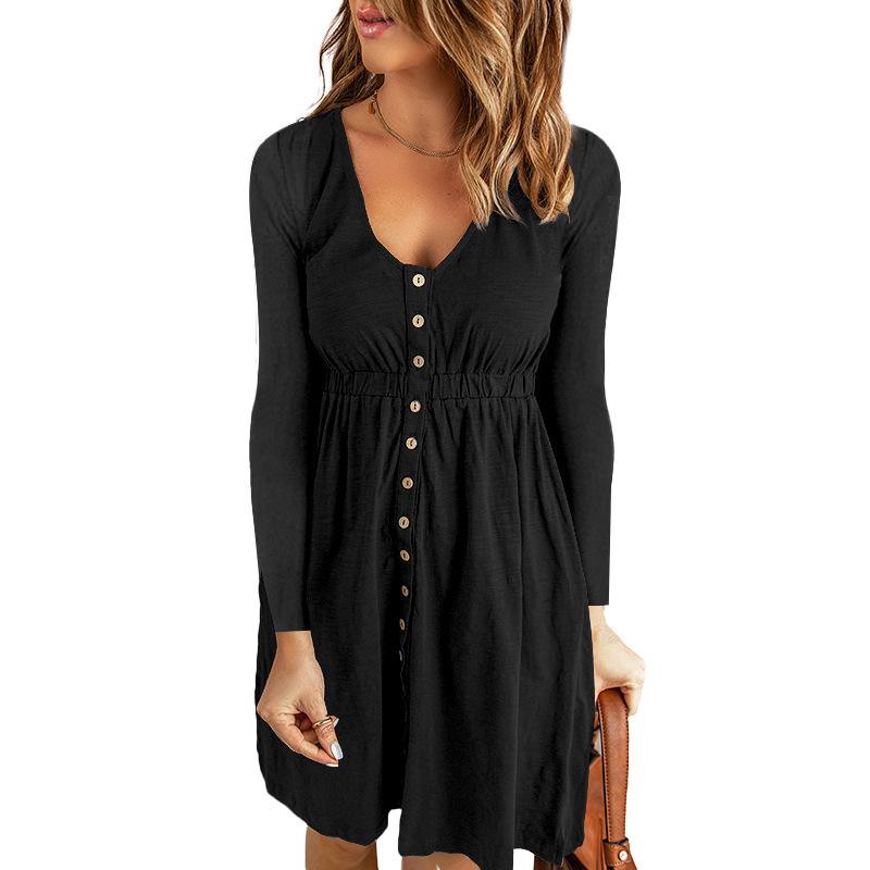 Women Dress Long Sleeve V-Neck Button Tunic Mid Dress Fashion Loose Solid  Knee-length Dress for Daily Office,Party