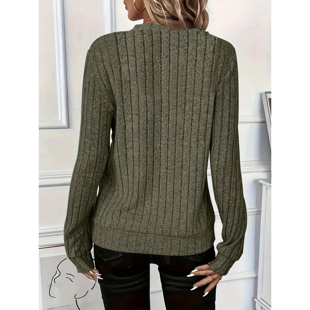 Høst og Vinter Dame Strikket Ribbestrikket Ensfarget Stoff Glidelås Langermet Dame T-skjorte