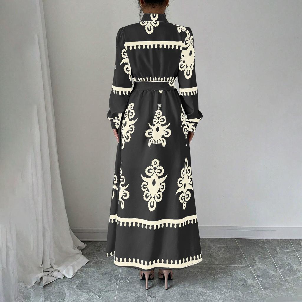 Women's Long Sleeve Lapel Button Printed Bodycon Sexy Nightclub Party Belted Dress