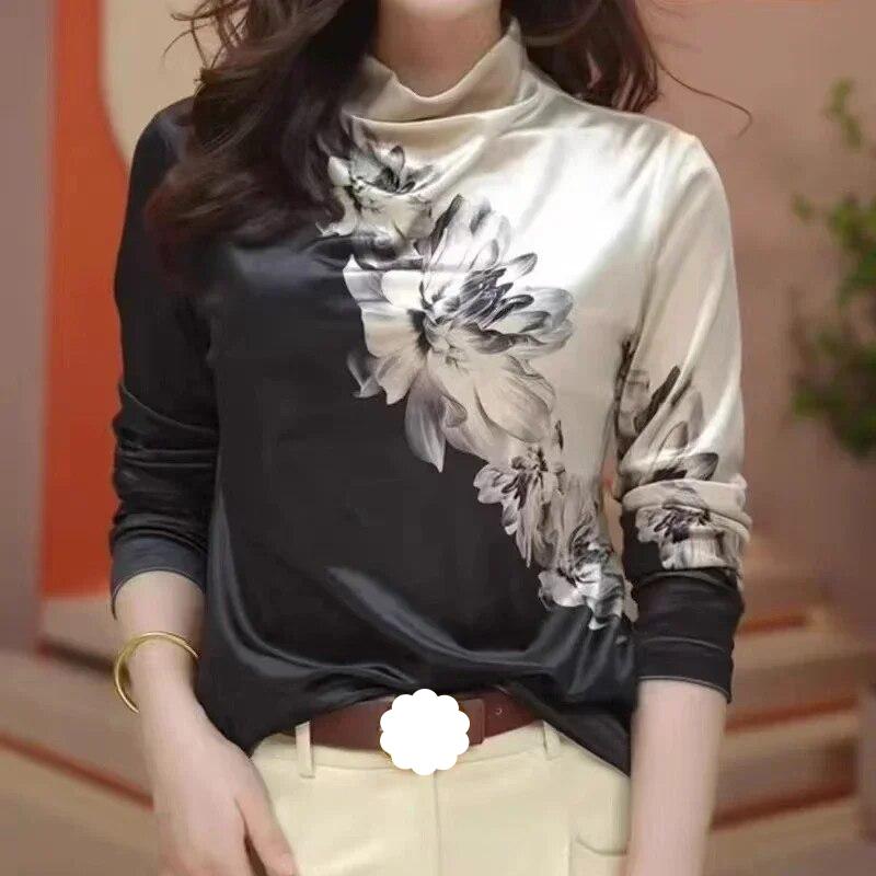 

Атласная рубашка с длинным рукавом и воротником-стойкой, женская модная повседневная элегантная блузка, женские осенние топы с принтом, офисная женская одежда 29604