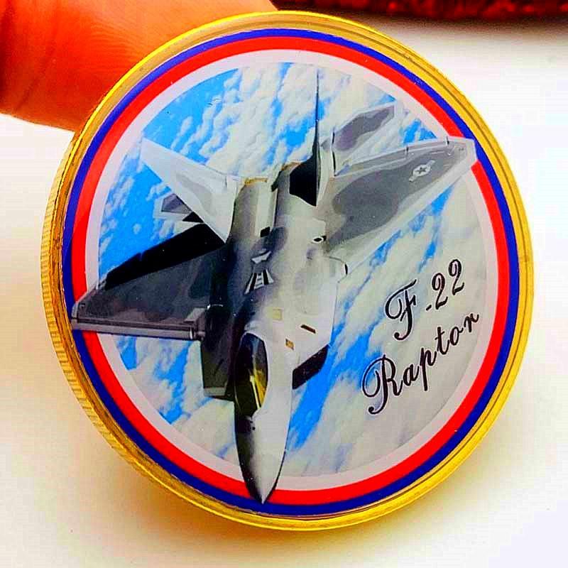 F-22 Raptor Combat Aircraft, Gold Plated Color Printing Commemorative Medal, Craftsmanship, Air Force Creative Gift, Gold Coins and Coins