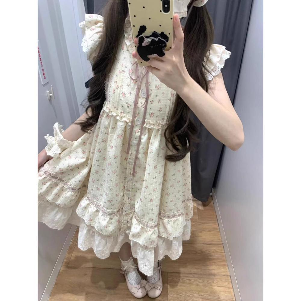 First love ballet style small flying sleeves floral dress female summer sweet small loose and thin fairy cake short skirt