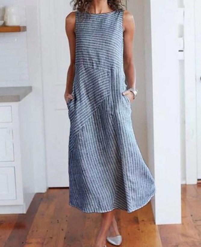 Striped Round Neck Sleeveless Plus Size Slim Dress Comfortable Breathable High Recognition Elegant Slimming Flattering Fit