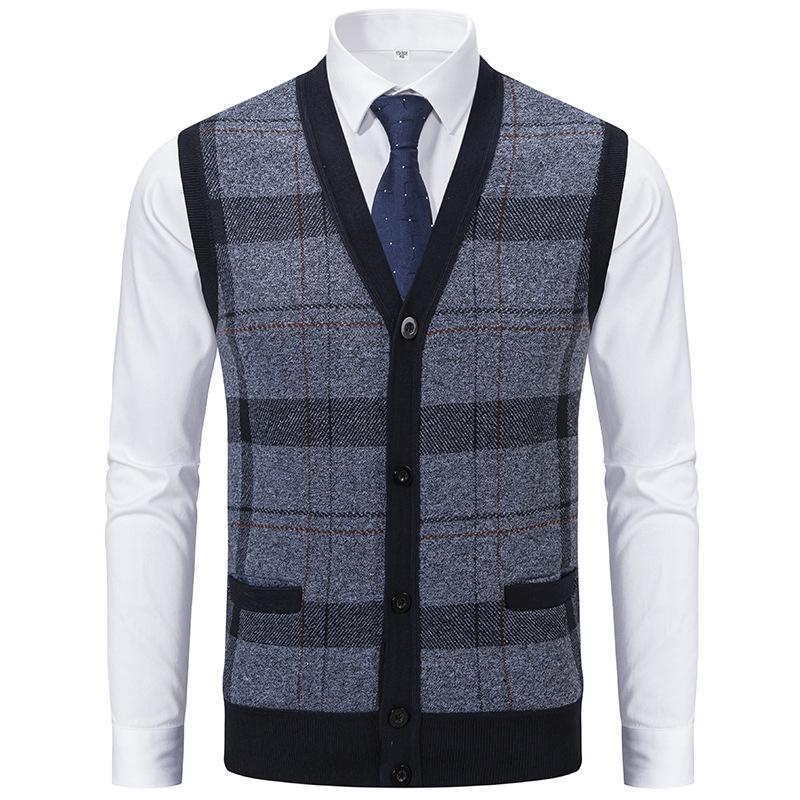 

Мужской свитер-жилет, повседневный трикотажный жилет без рукавов, мужские клетчатые кардиганы с V-образным вырезом, мужская одежда, вязаный жилет XXXL светло-серый