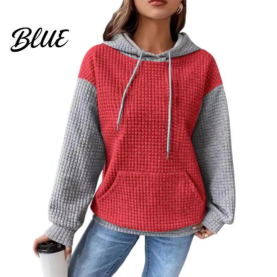 Drawstring Hooded Sweatshirt Fall Winter Women Hoodie Color Matching Waffle Texture Long Sport Top Sleeveless Big