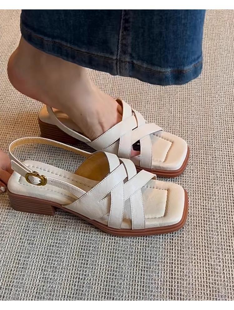 Sheepskin version~ square head cross strap Roman shoes women's summer wear literary retro woven thick heel summer sandals tide