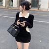 Korean Version of Fashion Contrasting Color Splicing Lapel Knitted Long-sleeved Dress Women's Autumn New Slim-fit Bottoming Hip-wrapped Short Skirt
