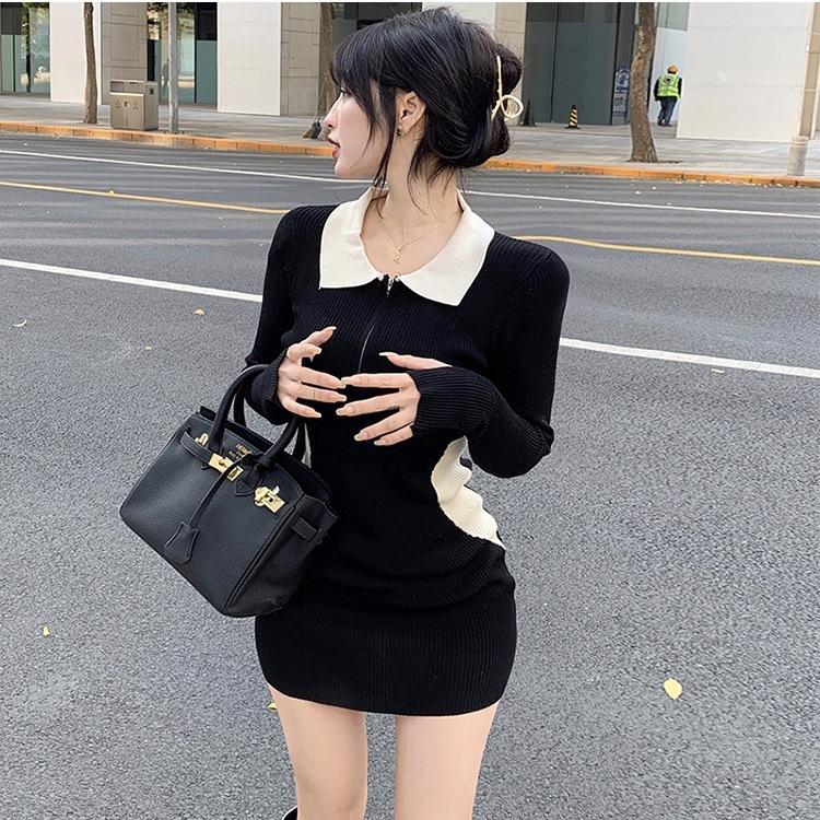 Korean Version of Fashion Contrasting Color Splicing Lapel Knitted Long-sleeved Dress Women's Autumn New Slim-fit Bottoming Hip-wrapped Short Skirt