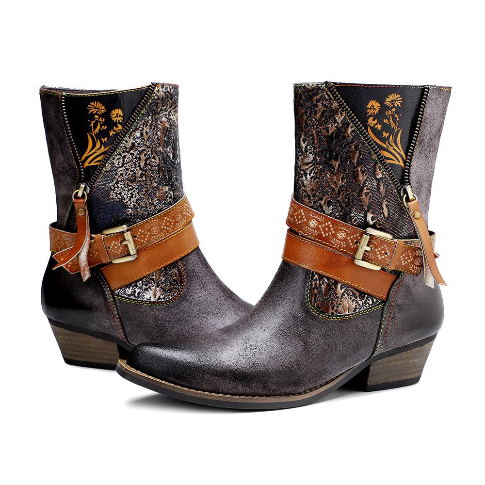 Pravá kůže Patchwork vysoké podpatky Retro reliéfní ručně malované lodičky Všestranná dámská obuv