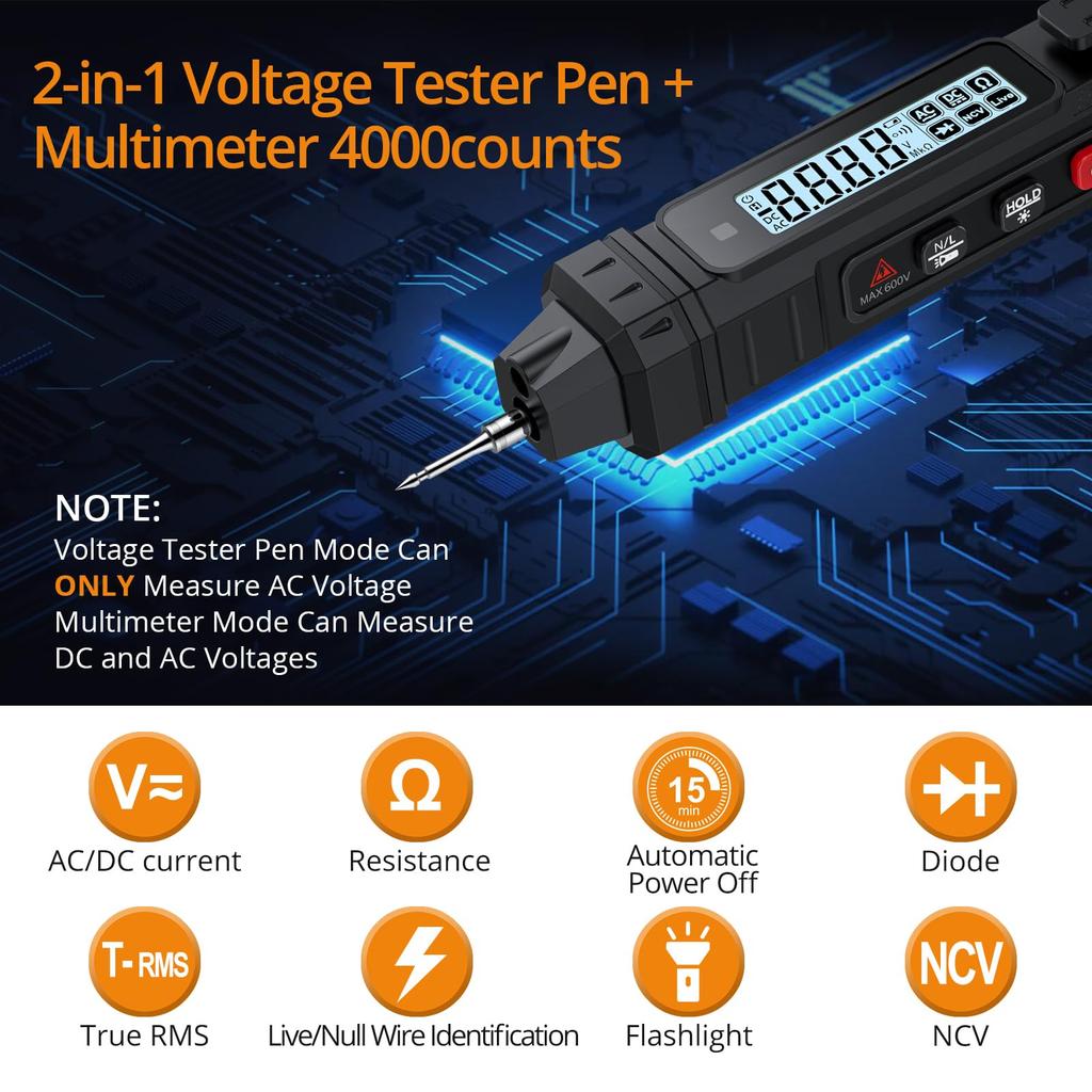 Neoteck 4000 Valore Reale TRMS Test di Archiviazione e Manuale di Istruzioni Giapponese Inclusi Multimetro/Tester di Tensione a Penna 2-in-1, Conteggio, Tensione AC/DC,