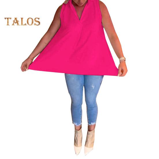 

Женские летние топы с лацканами и v-образным вырезом без рукавов, однотонные свободные рубашки, плиссированные сзади, тонкие пуловеры, топы 2XL розы красного