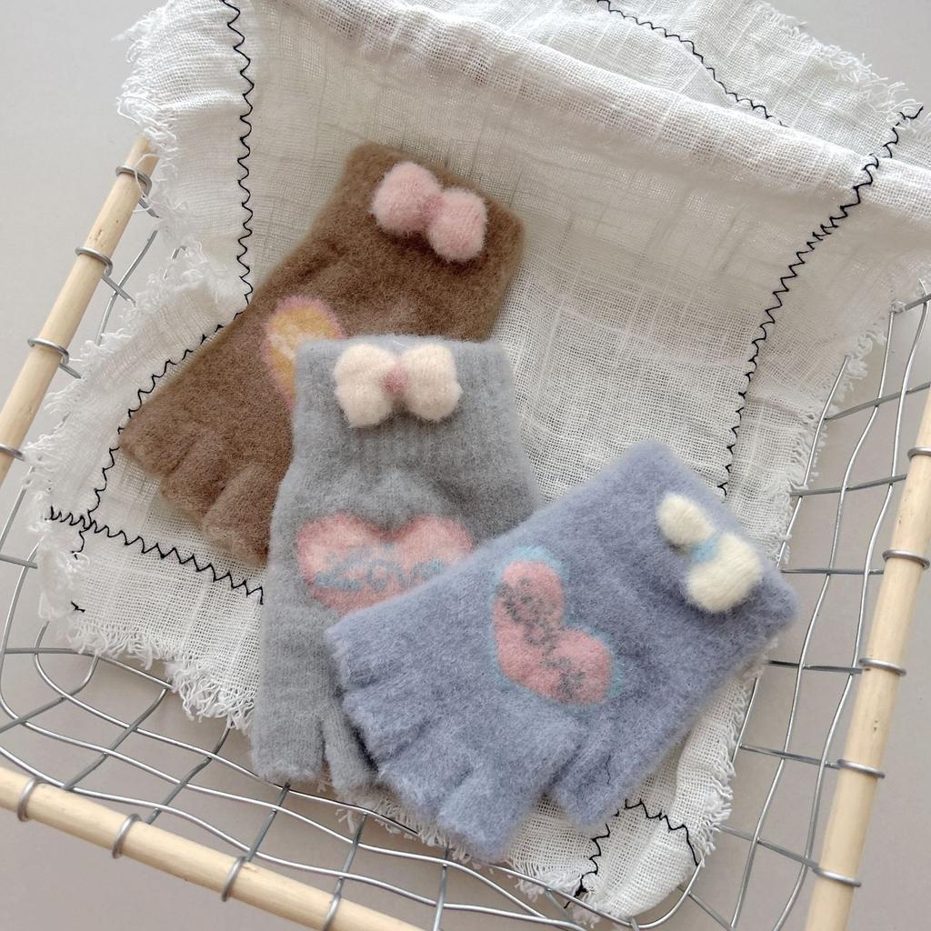 New Style Women's Half Finger Big Children's Warm Five Finger Split Finger Writing Love Bow Cute Knitted Gloves