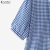 ZANZEA Women Summer Round Neck Lace Patchwork Plaid Casual Ruffled Blouse