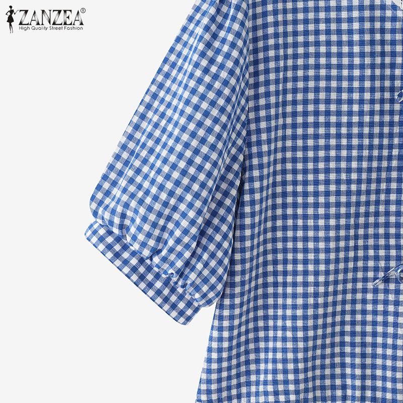 ZANZEA Women Summer Round Neck Lace Patchwork Plaid Casual Ruffled Blouse