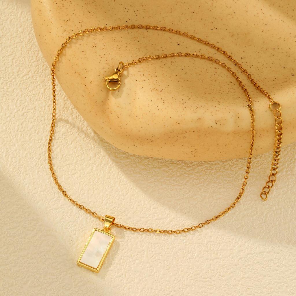 Chamrs Necklace for Women, Nature White Shell Inlay, Dropwater Heart Square Pendant Necklace, Stainless Steel Waterproof Jewelry