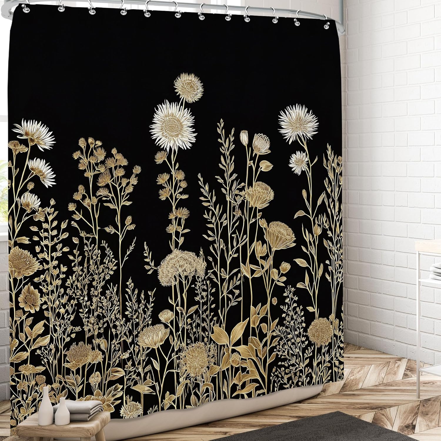 

Black And Gold Floral Shower Curtain Dark Golden Flower Shower Curtains Set Botanical Wildflower Bath Curtain Modern Art Plant A W60H190(CM)-1 Pcs