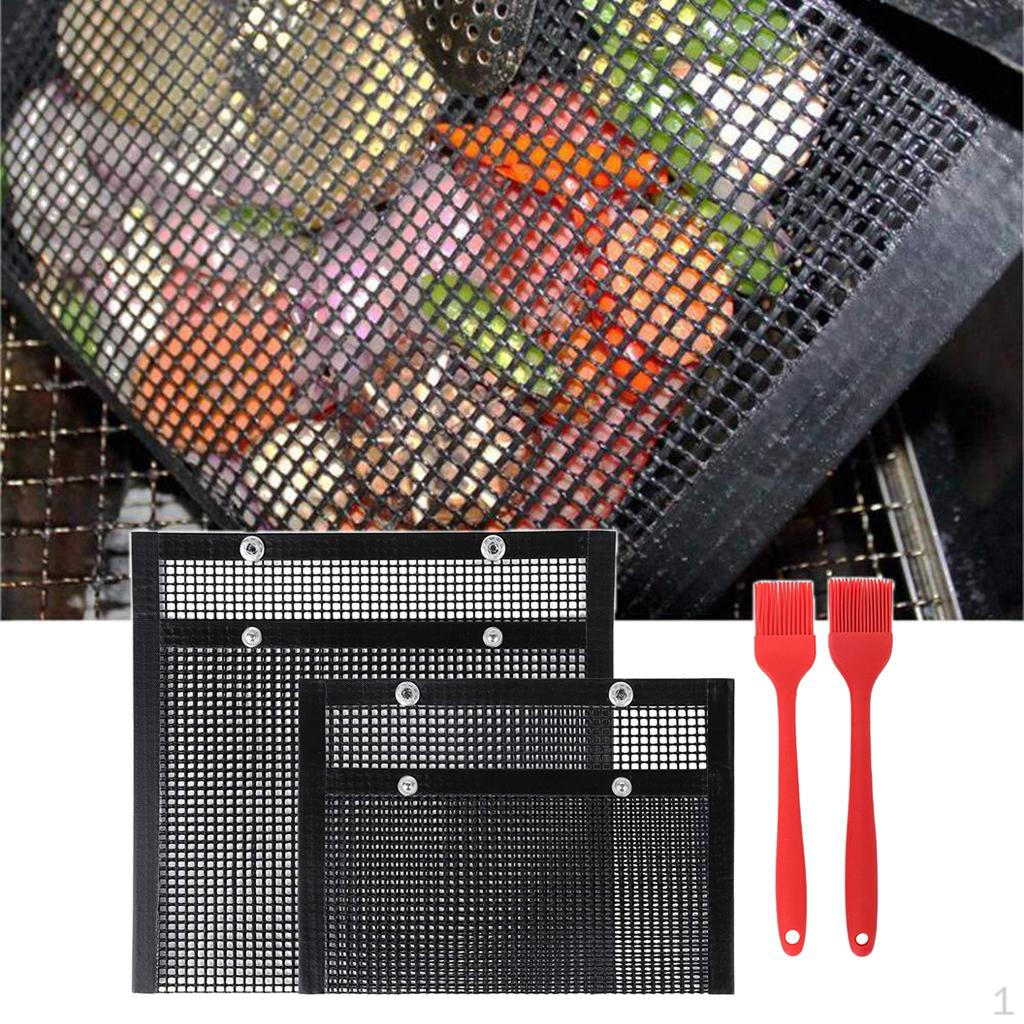 2pcs PTFE Coated BBQ Mesh Grill Bag with Silicone Brush Barbecue Outdoor Picnic Tools