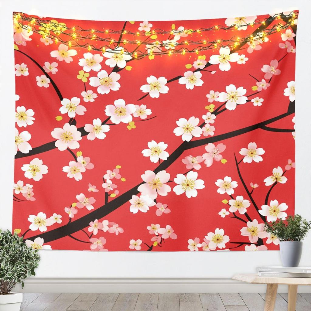 Cherry Blossom Tapestry Japanese Style Wall Art for Living Room Bedroom Chinese Ink Painting Wall Hanging Blanket Plum Blossom