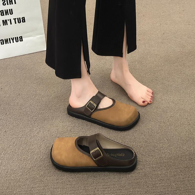 Baotou half slippers women's outer wear 2025 spring and summer new square head retro versatile one-word buckle cool slippers