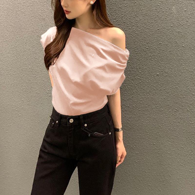 Irregular Slanted Shoulder Design Sense Loose Solid Color Pullover Short Sleeve T-Shirts Women’s