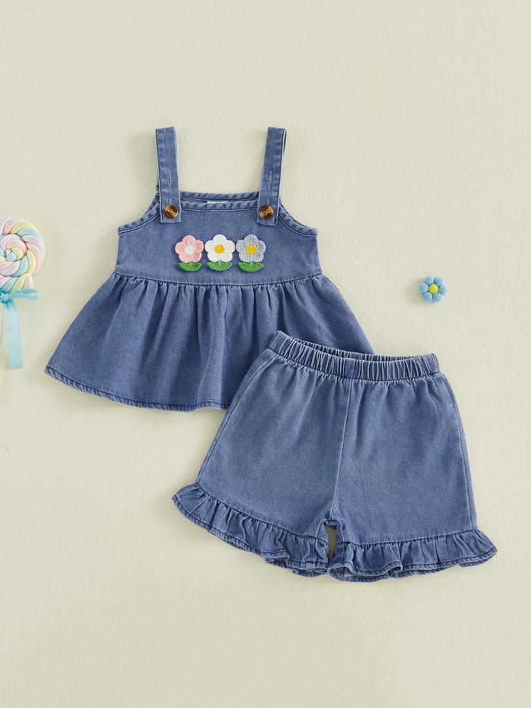 Adorable Infant Girl Floral Denim Ensemble with Sleeveless Babydoll Top and Ruffle Shorts for a Stylish Summer Look